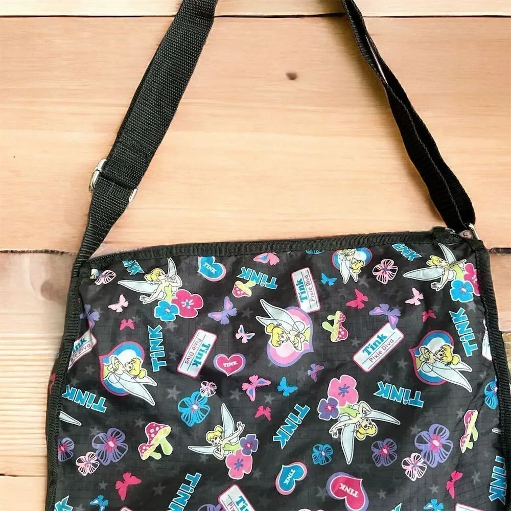 Disney Tinker Bell Pixie Diva Butterflies Print Nylon Adjustable Crossbody Bag